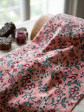 Hand Block Print Cotton Fabric: Peach and Red Floral Indian Fabric