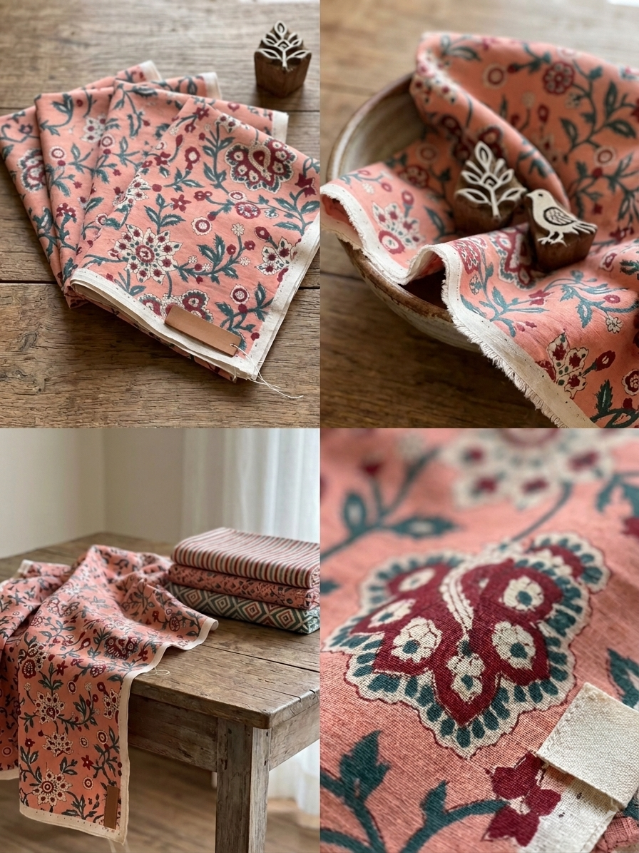 Hand Block Print Cotton Fabric: Peach and Red Floral Indian Fabric