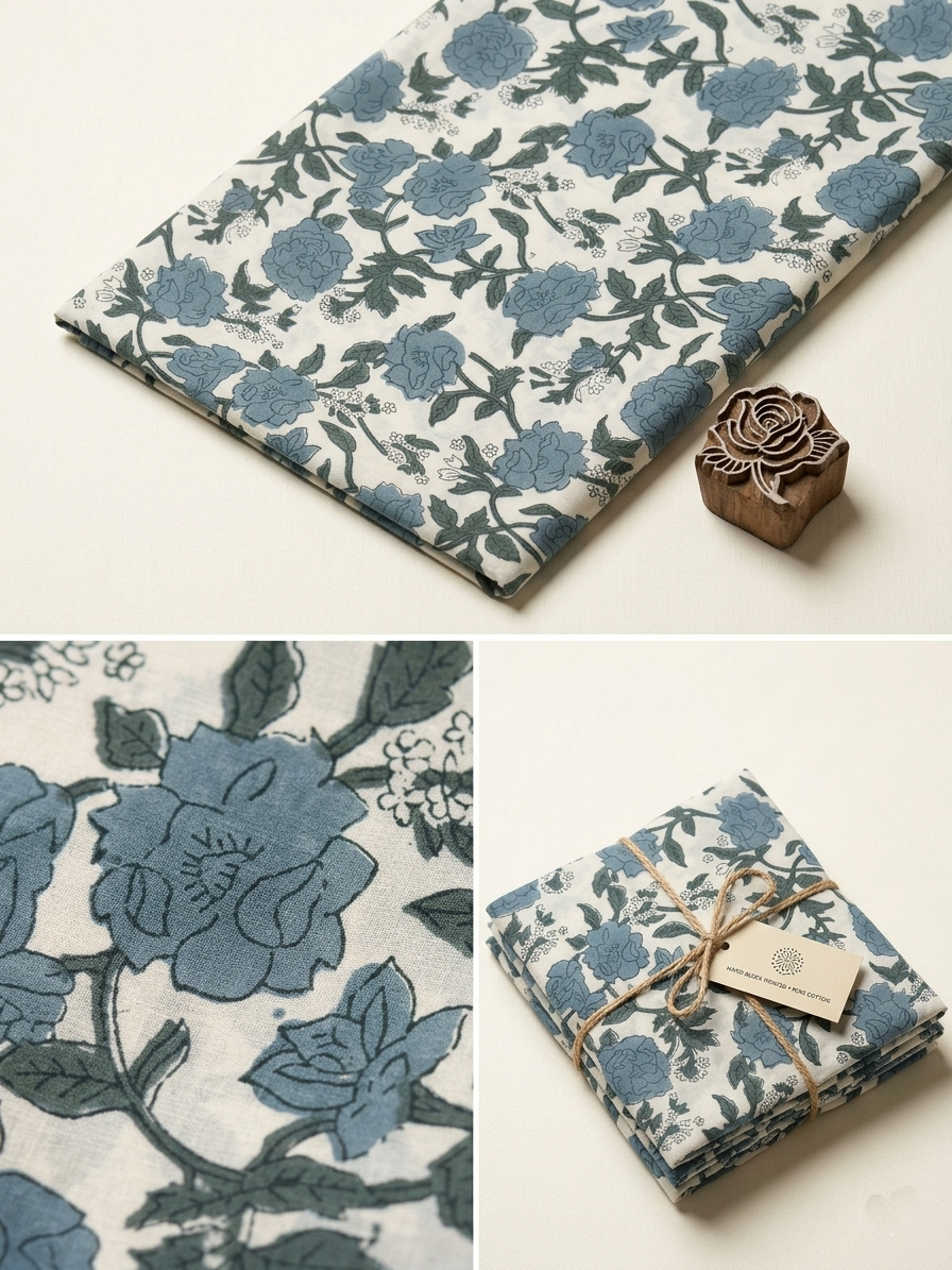 Hand Block Print Cotton Fabric: Blue and White Floral Indian Fabric
