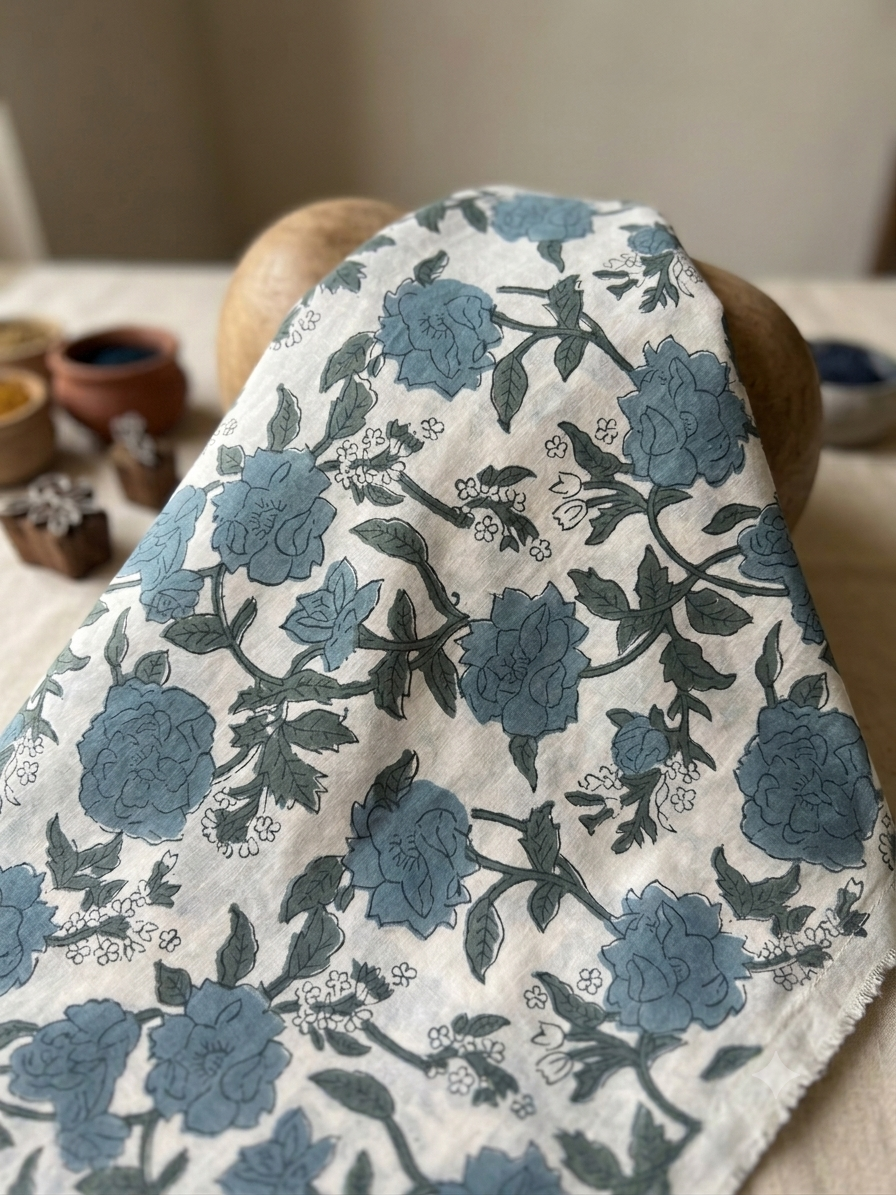 Hand Block Print Cotton Fabric: Blue and White Floral Indian Fabric