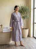 Organic Cotton Bathrobe, Hand Block Printed Floral Kimono Robe, Artisan Terry Cotton Loungewear, Sustainable Boho Spa Robe