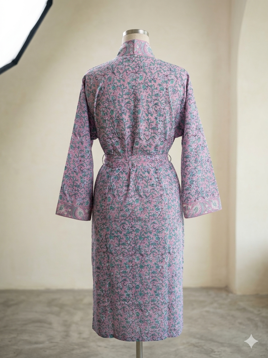 Organic Cotton Bathrobe, Hand Block Printed Floral Kimono Robe, Artisan Terry Cotton Loungewear, Sustainable Boho Spa Robe