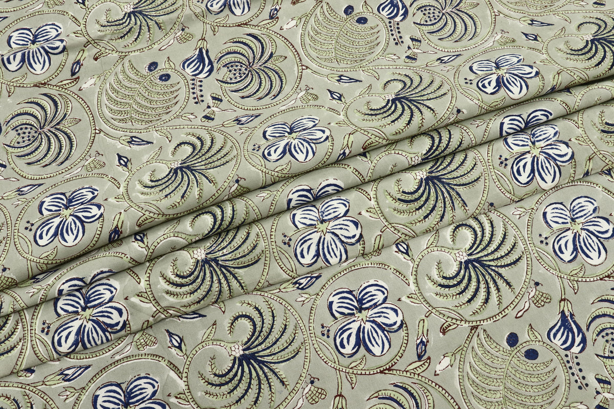 Floral Block Print Cotton Fabric: Handstamped Indian Fabric