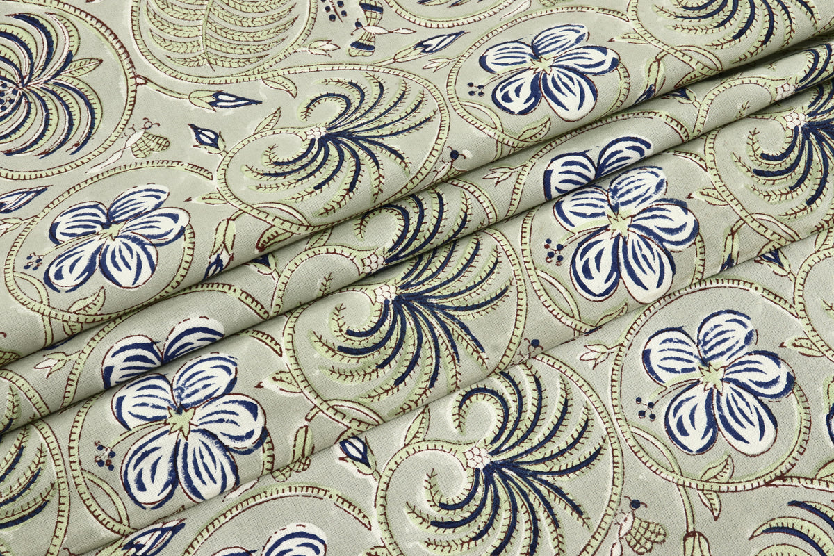 Floral Block Print Cotton Fabric: Handstamped Indian Fabric