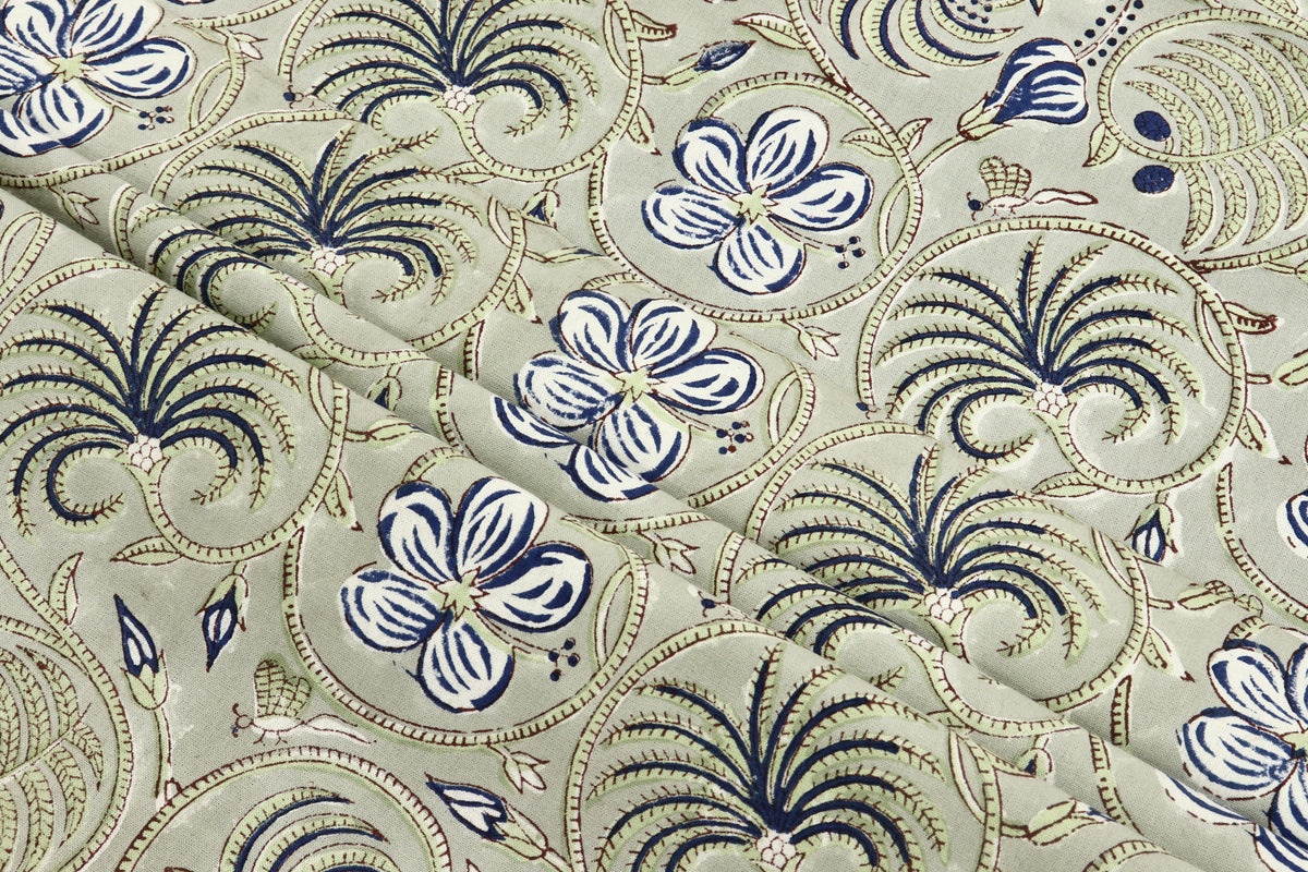 Floral Block Print Cotton Fabric: Handstamped Indian Fabric