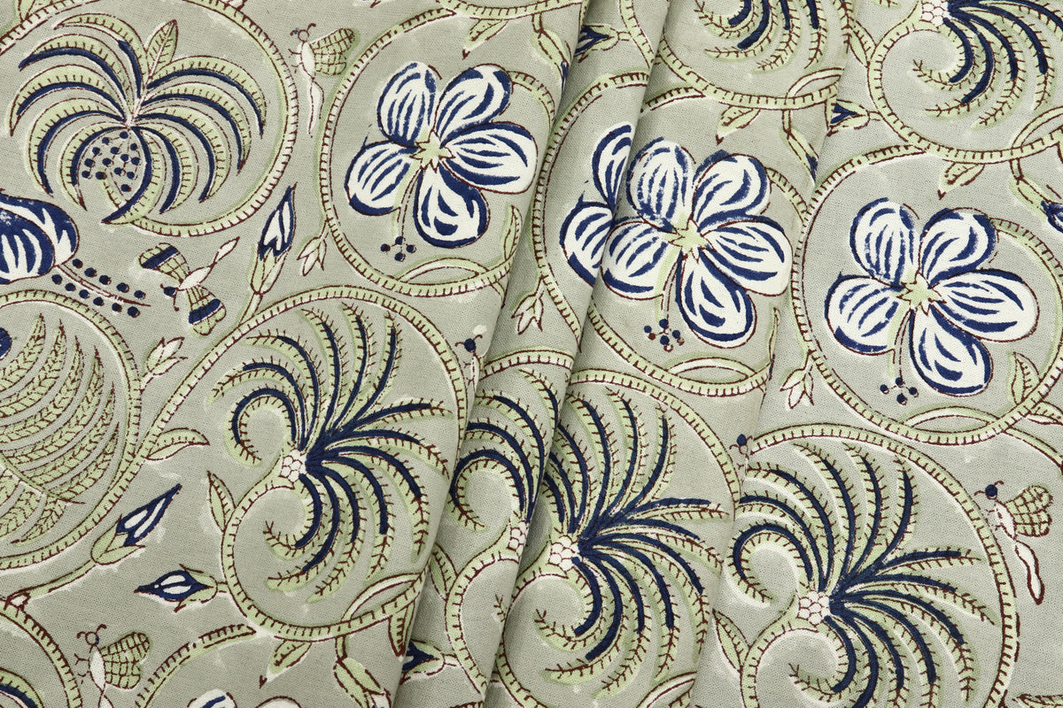 Floral Block Print Cotton Fabric: Handstamped Indian Fabric