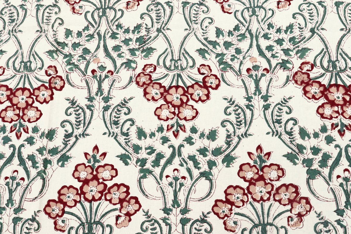 Indian Cotton Fabric: Floral Wood Block Print, Hand Stamped