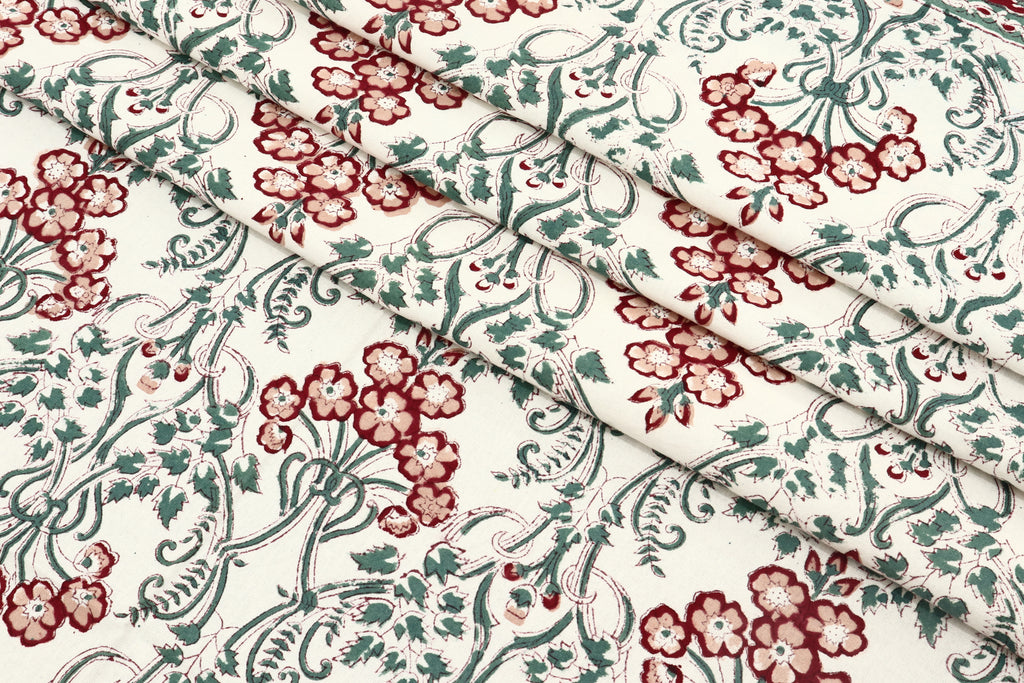 Indian Cotton Fabric: Floral Wood Block Print, Hand Stamped