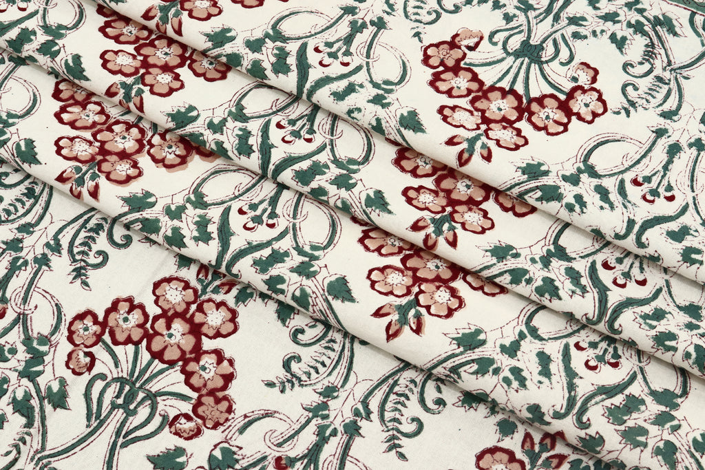 Indian Cotton Fabric: Floral Wood Block Print, Hand Stamped