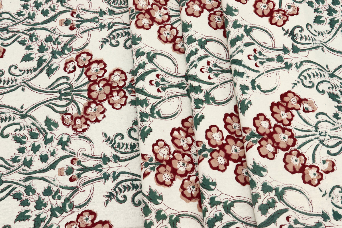 Indian Cotton Fabric: Floral Wood Block Print, Hand Stamped