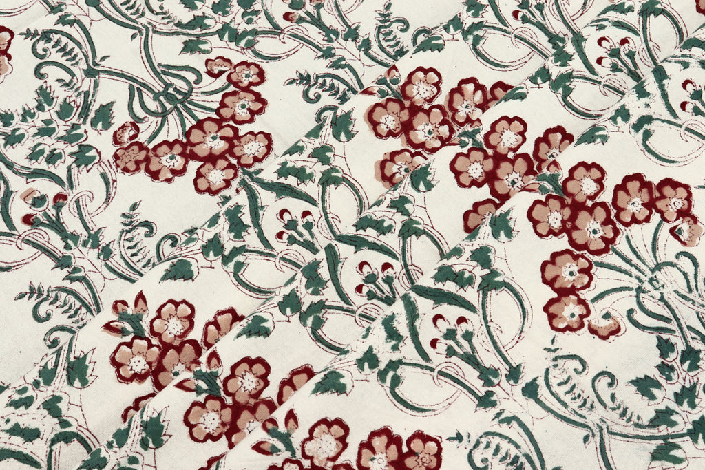 Indian Cotton Fabric: Floral Wood Block Print, Hand Stamped