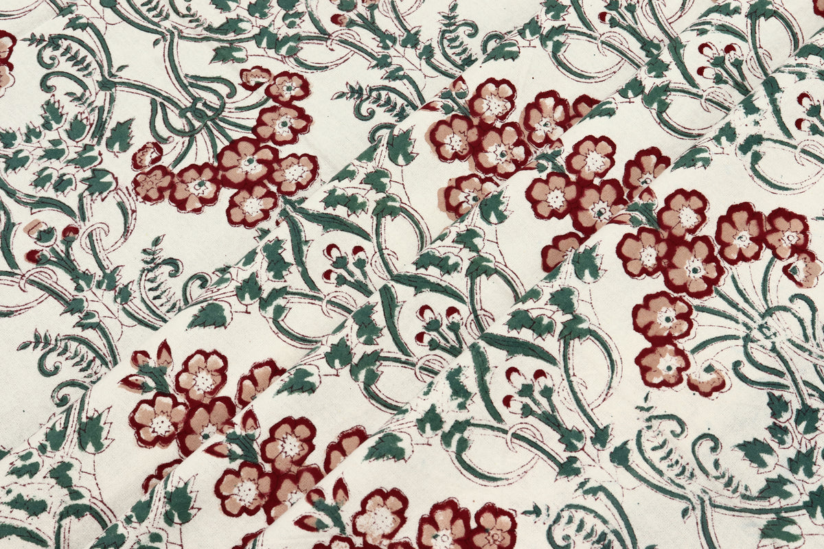 Indian Cotton Fabric: Floral Wood Block Print, Hand Stamped
