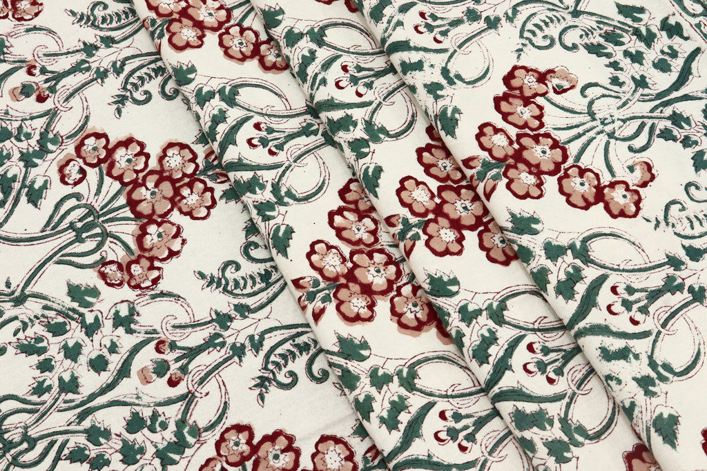Indian Cotton Fabric: Floral Wood Block Print, Hand Stamped