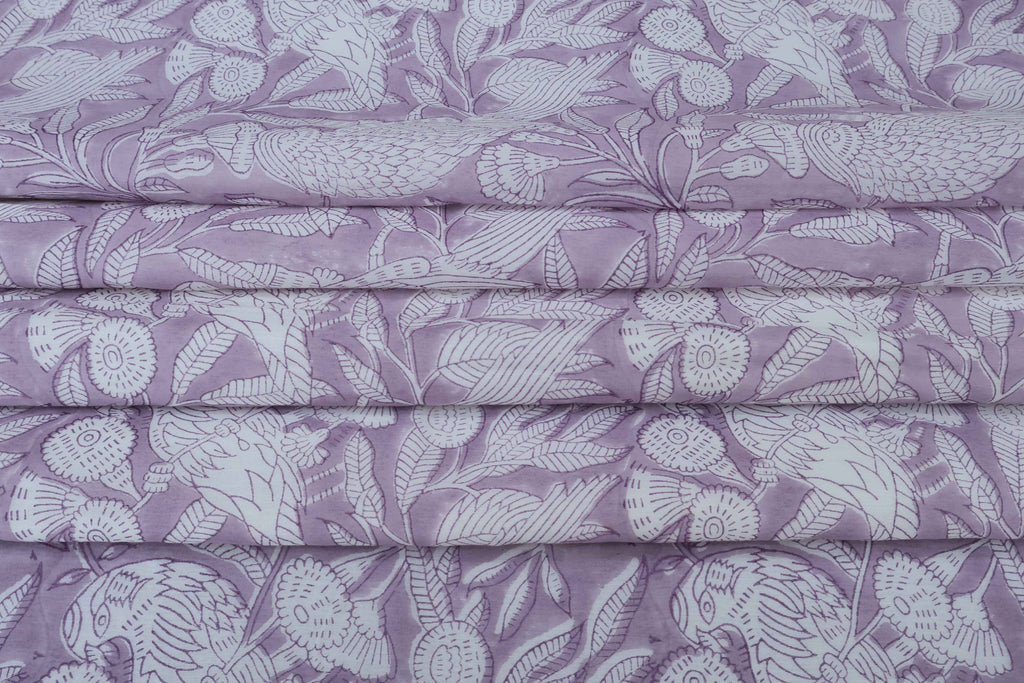 Lilac Floral Block Print Linen Fabric - Indian Mughal Style