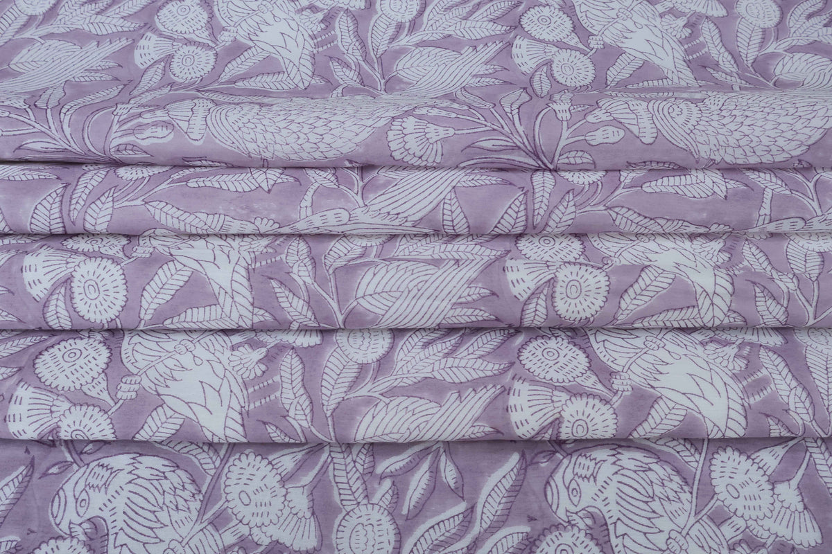 Lilac Floral Block Print Linen Fabric - Indian Mughal Style