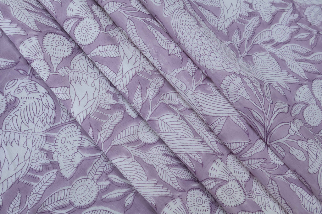 Lilac Floral Block Print Linen Fabric - Indian Mughal Style