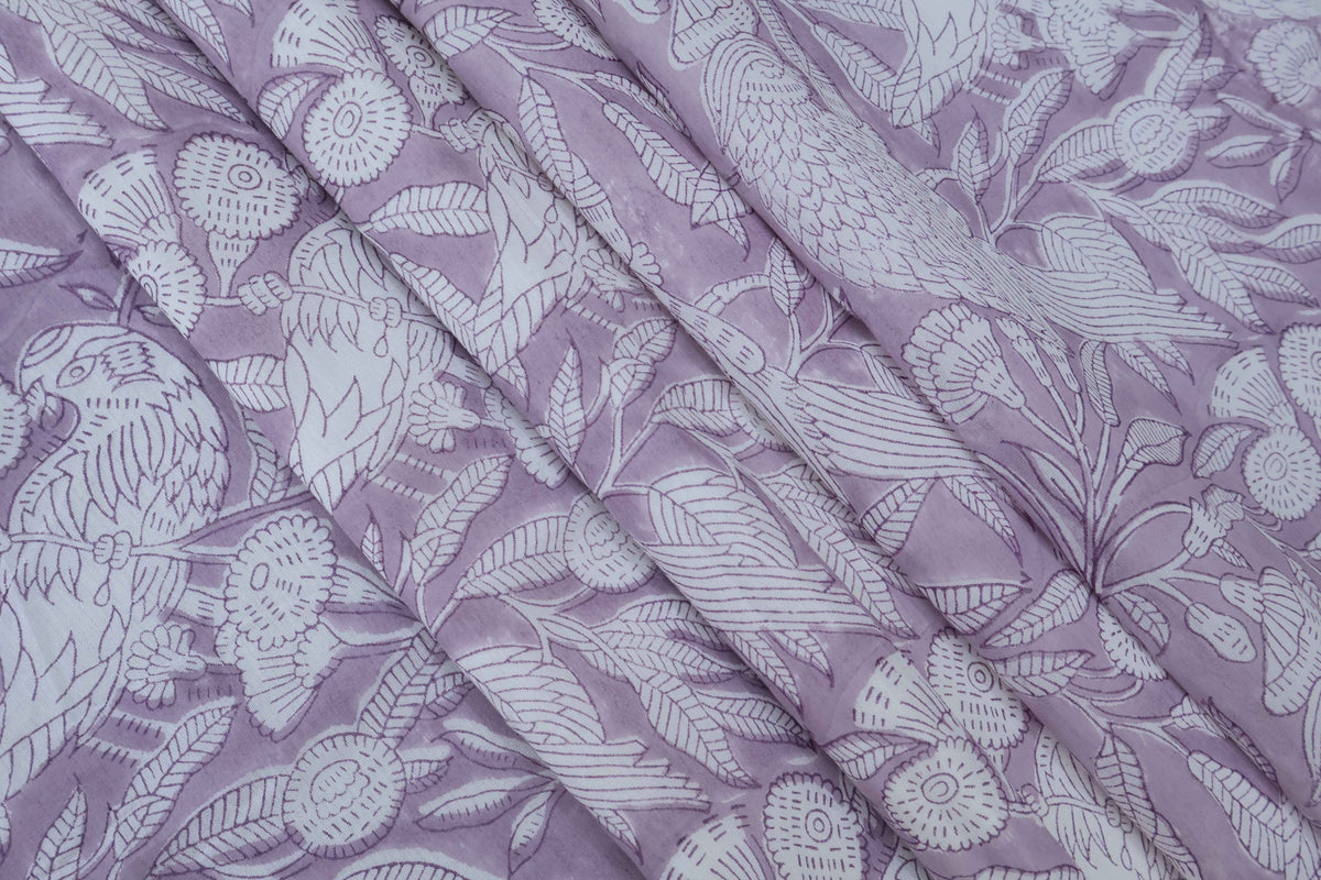 Lilac Floral Block Print Linen Fabric - Indian Mughal Style