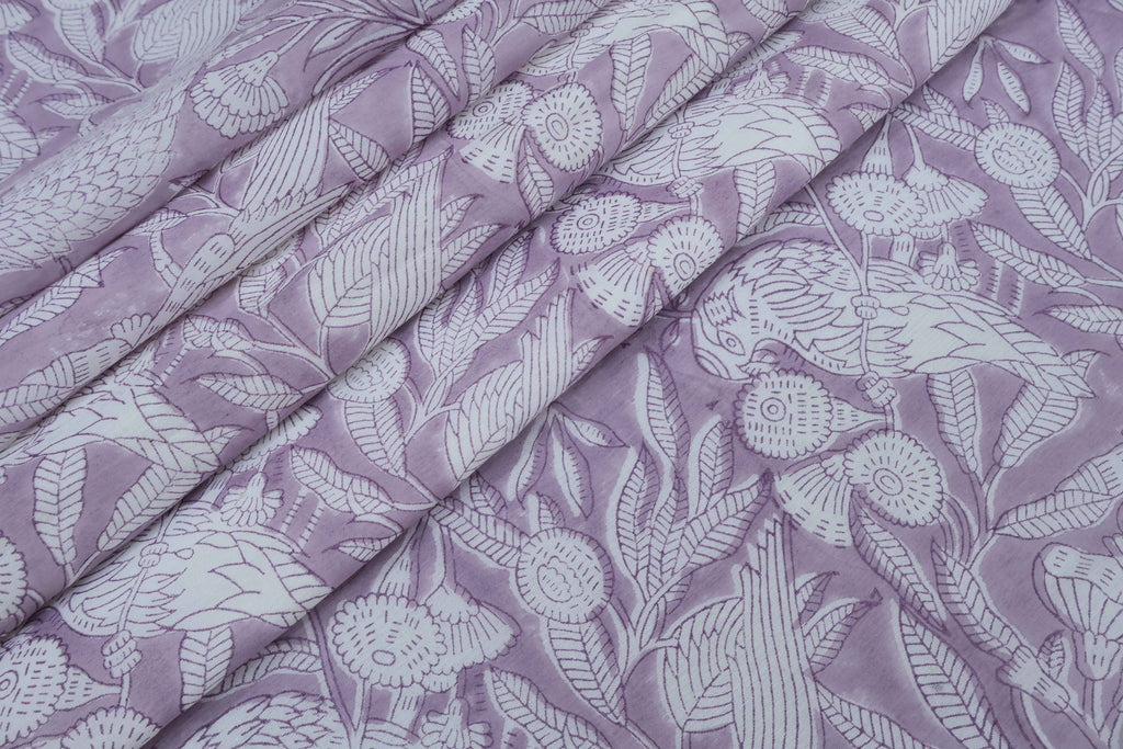 Lilac Floral Block Print Linen Fabric - Indian Mughal Style