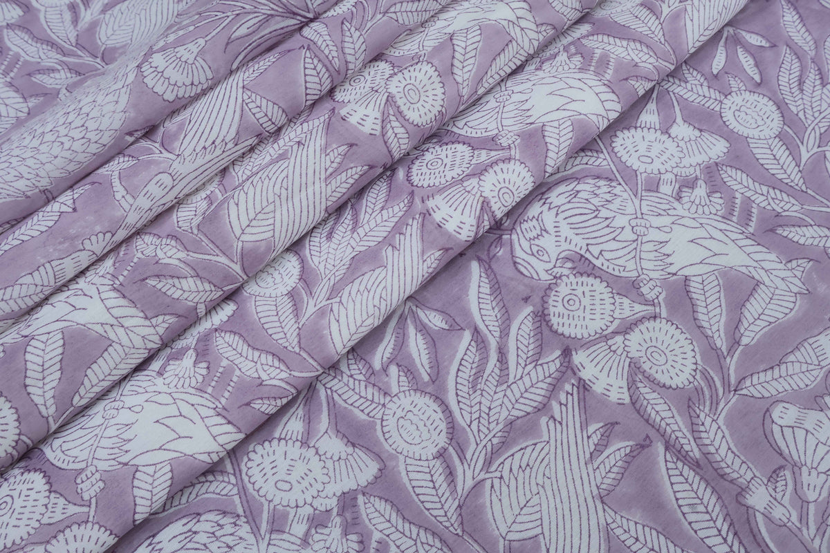 Lilac Floral Block Print Linen Fabric - Indian Mughal Style