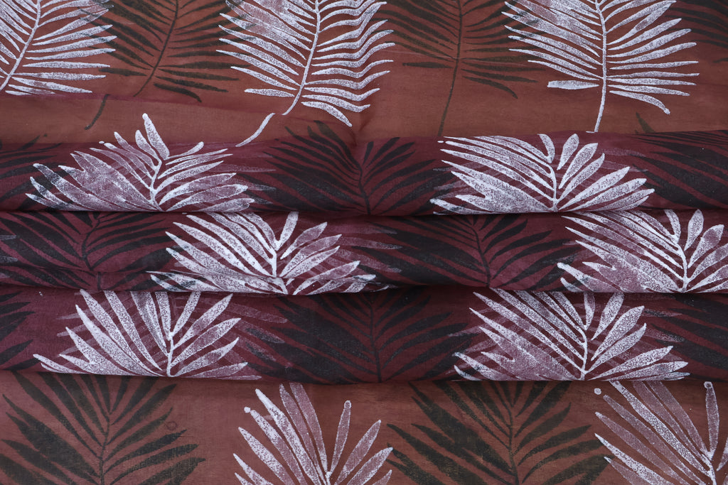 Mughal Floral Block Print Linen Fabric - Maroon, Black & White