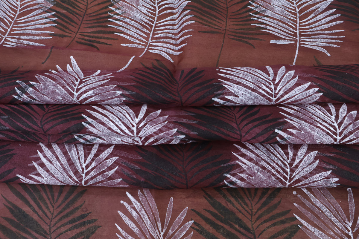 Mughal Floral Block Print Linen Fabric - Maroon, Black & White
