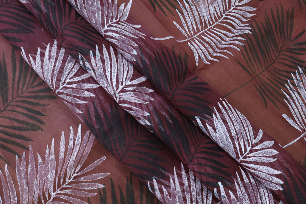 Mughal Floral Block Print Linen Fabric - Maroon, Black & White