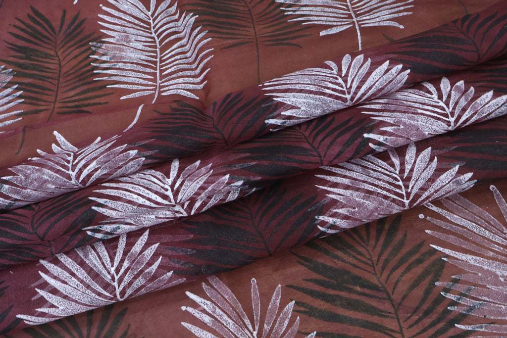 Mughal Floral Block Print Linen Fabric - Maroon, Black & White