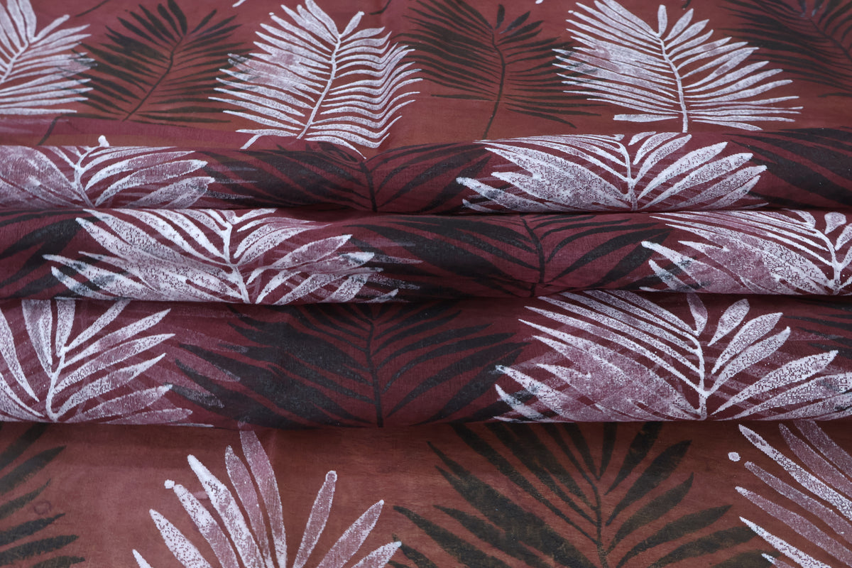Mughal Floral Block Print Linen Fabric - Maroon, Black & White