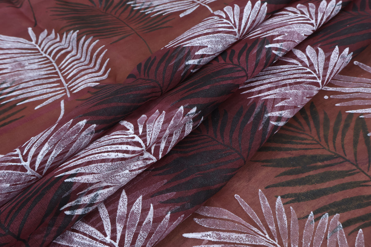 Mughal Floral Block Print Linen Fabric - Maroon, Black & White