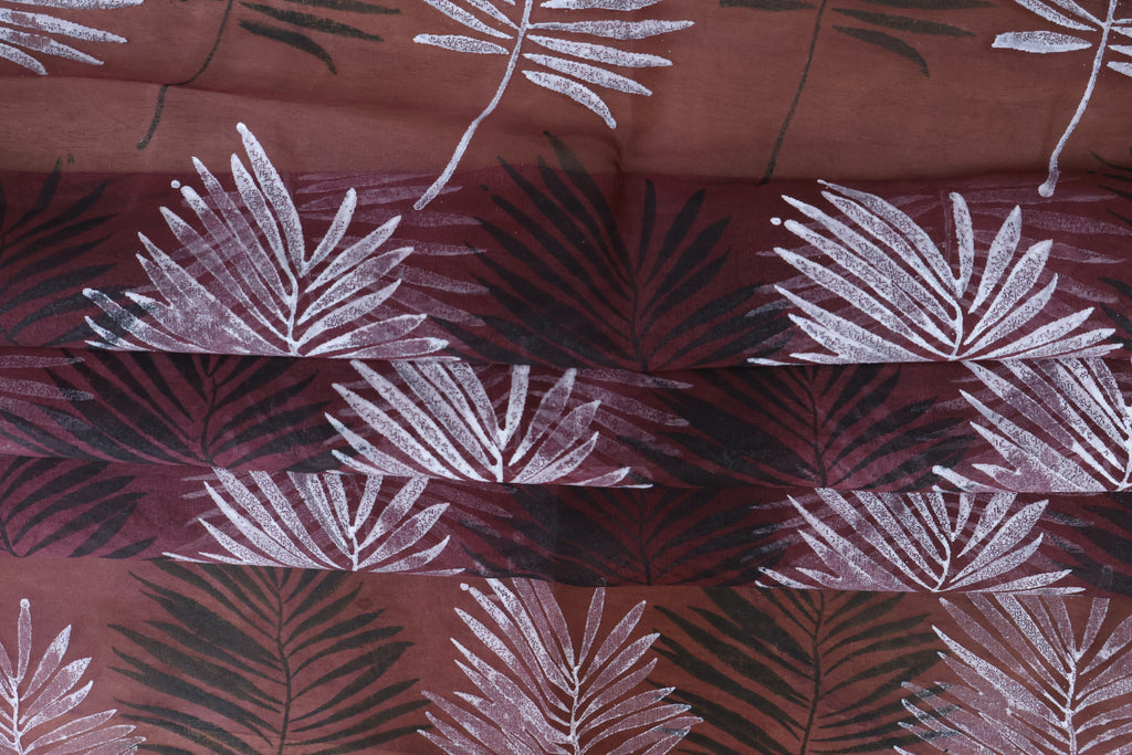 Mughal Floral Block Print Linen Fabric - Maroon, Black & White