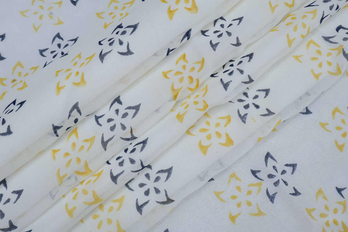 Blue Floral Block Print Linen Fabric: Indian Cotton By The Yard