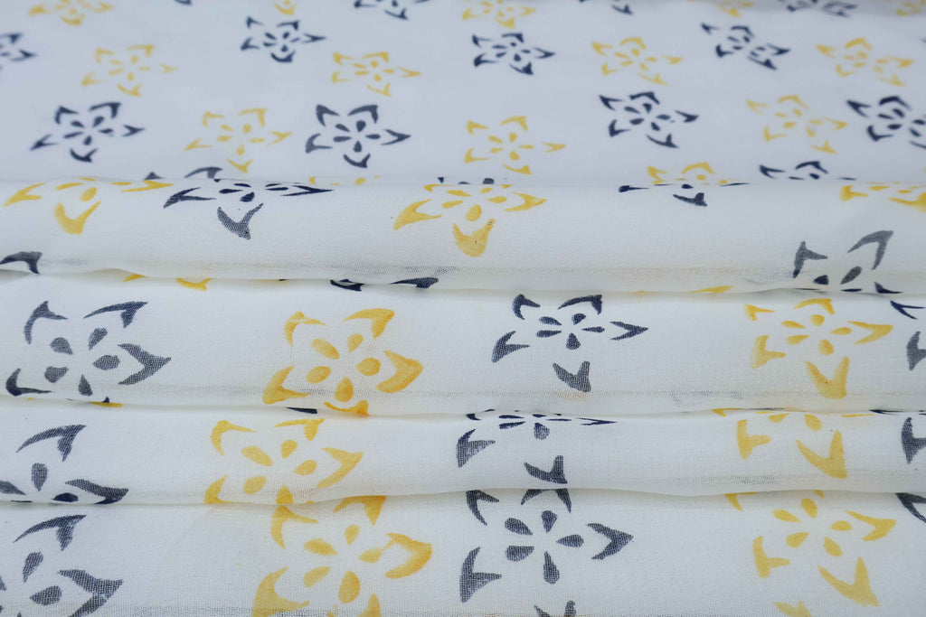 Blue Floral Block Print Linen Fabric: Indian Cotton By The Yard