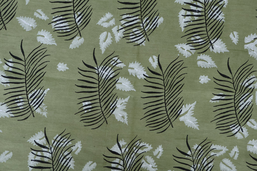 Green & White Floral Block Print Linen Fabric: Indian Mughal Style