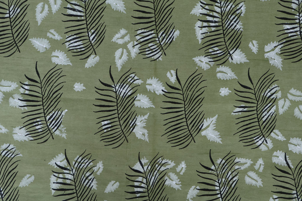 Green & White Floral Block Print Linen Fabric: Indian Mughal Style