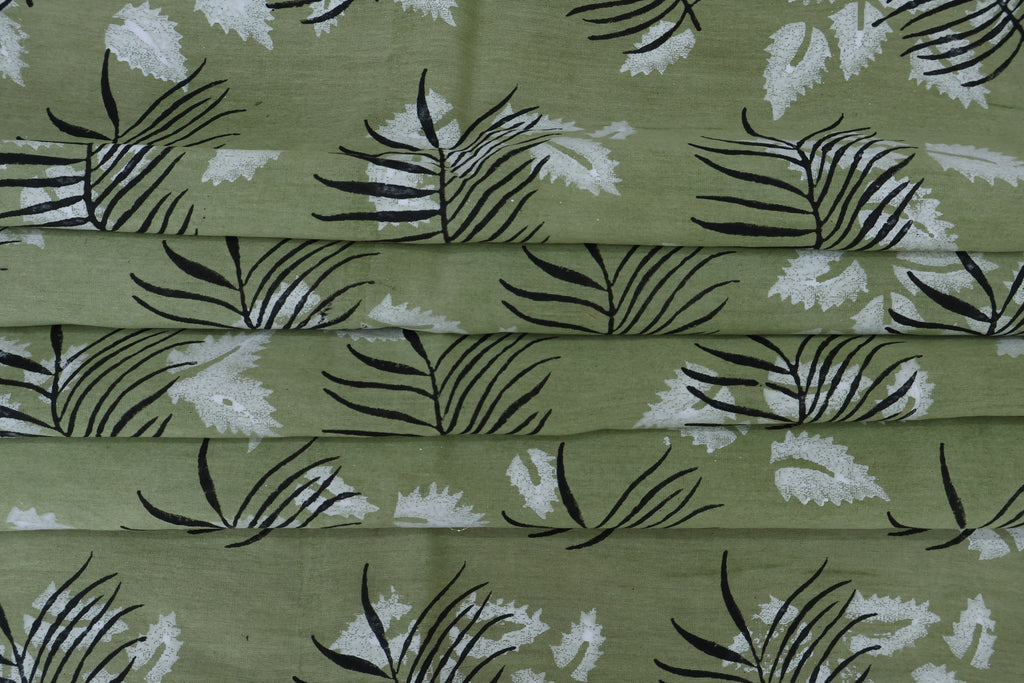 Green & White Floral Block Print Linen Fabric: Indian Mughal Style