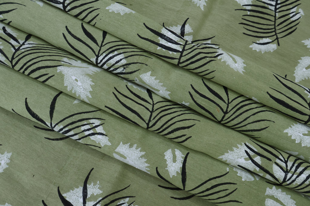 Green & White Floral Block Print Linen Fabric: Indian Mughal Style