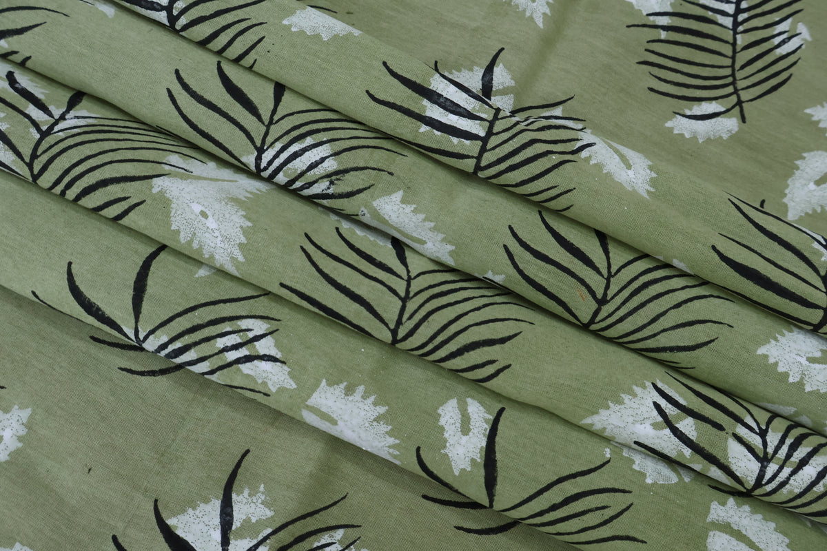 Green & White Floral Block Print Linen Fabric: Indian Mughal Style