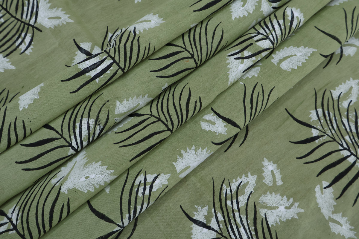 Green & White Floral Block Print Linen Fabric: Indian Mughal Style