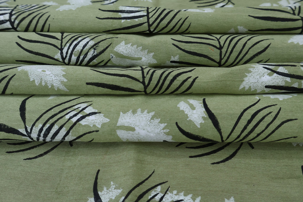 Green & White Floral Block Print Linen Fabric: Indian Mughal Style
