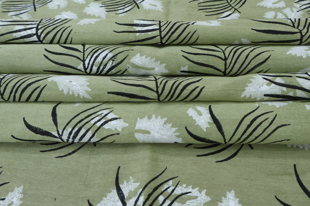 Green & White Floral Block Print Linen Fabric: Indian Mughal Style