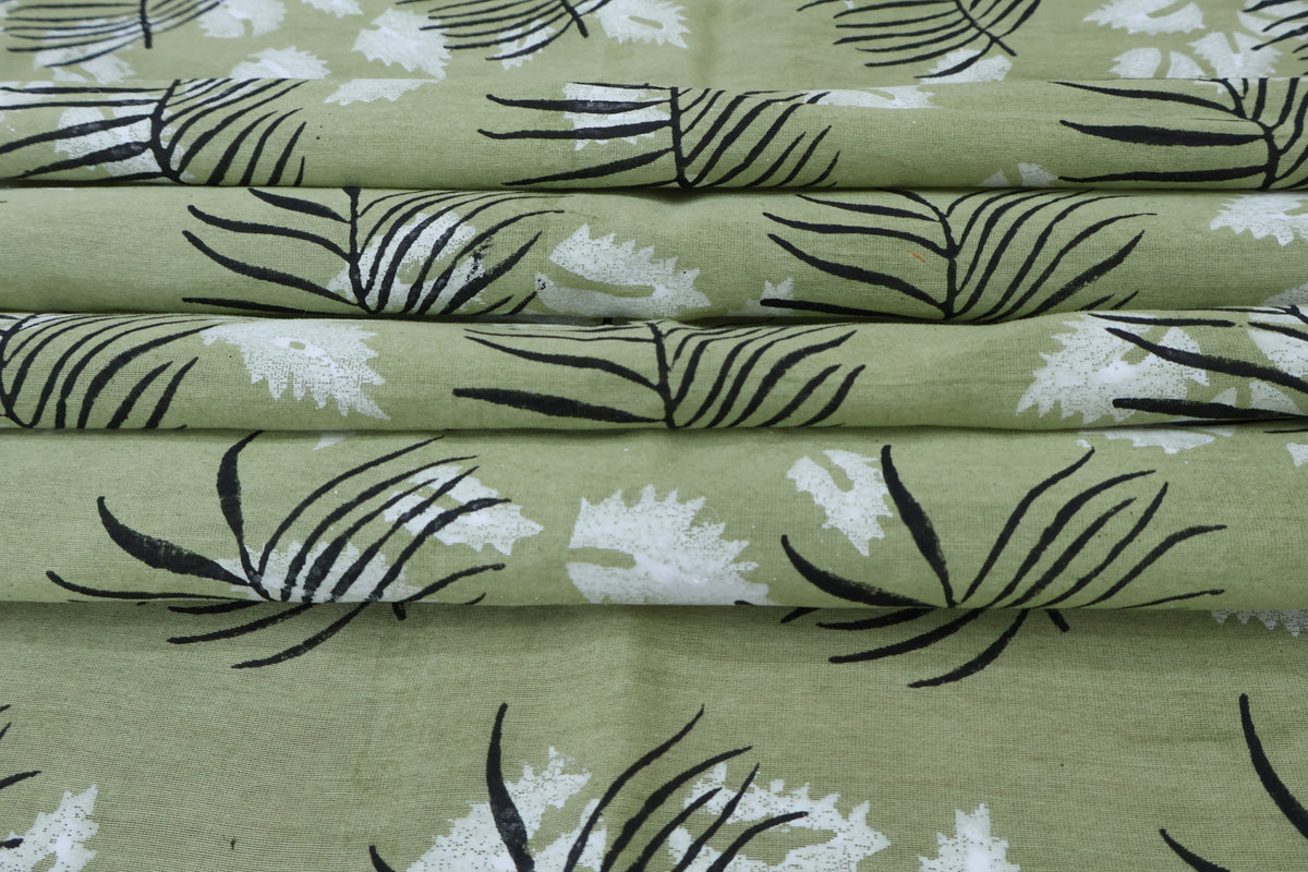 Green & White Floral Block Print Linen Fabric: Indian Mughal Style