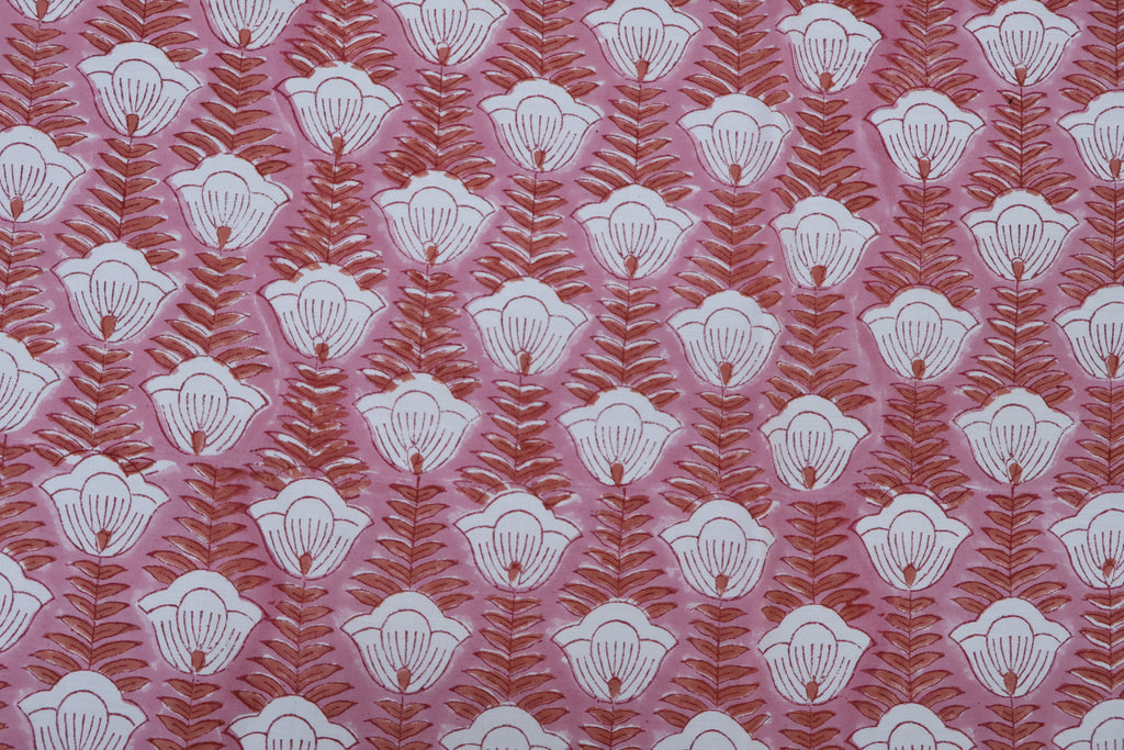 Pink & White Floral Block Print Linen Fabric: Indian Mughal Style