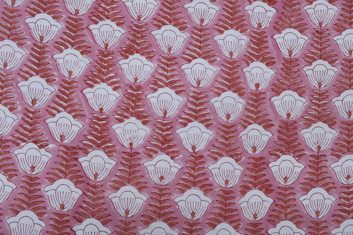 Pink & White Floral Block Print Linen Fabric: Indian Mughal Style