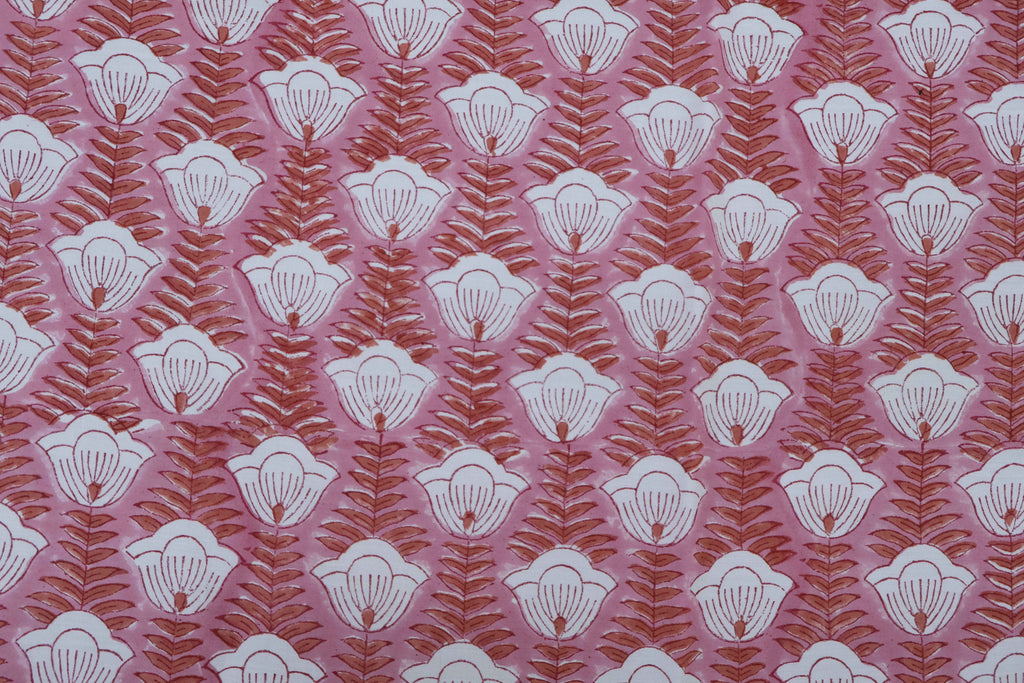 Pink & White Floral Block Print Linen Fabric: Indian Mughal Style