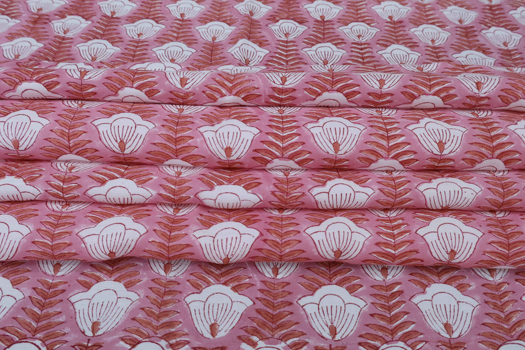 Pink & White Floral Block Print Linen Fabric: Indian Mughal Style
