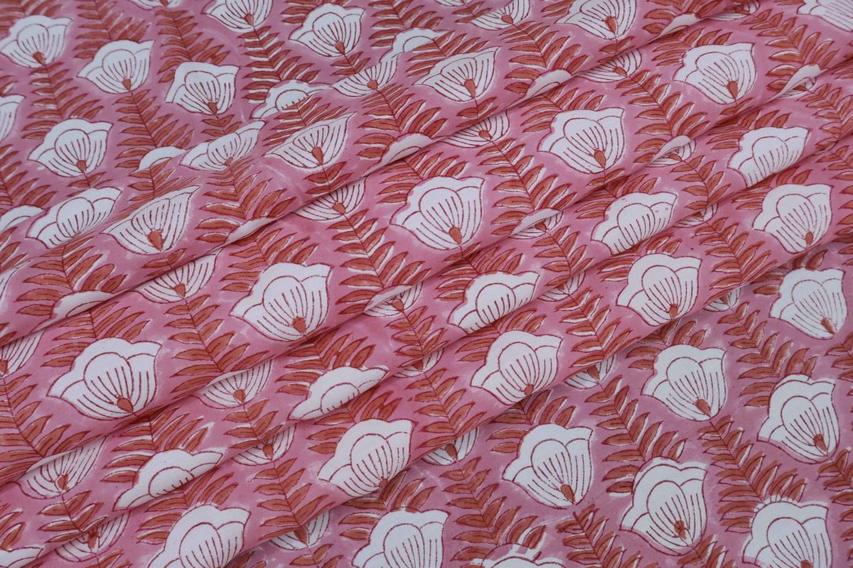 Pink & White Floral Block Print Linen Fabric: Indian Mughal Style