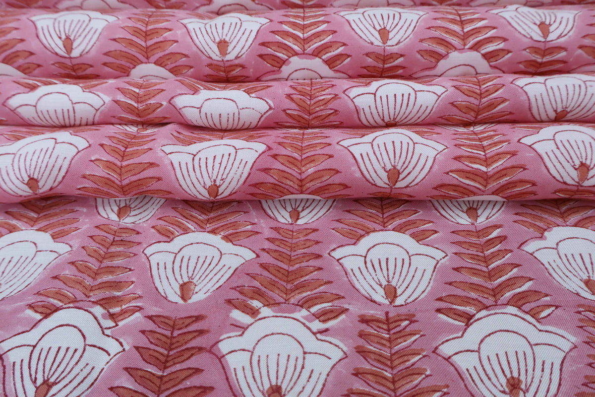 Pink & White Floral Block Print Linen Fabric: Indian Mughal Style