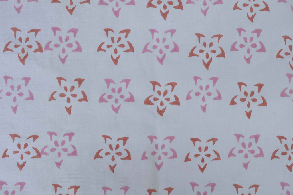 Red & Pink Floral Block Print Linen Fabric: Indian Mughal Design