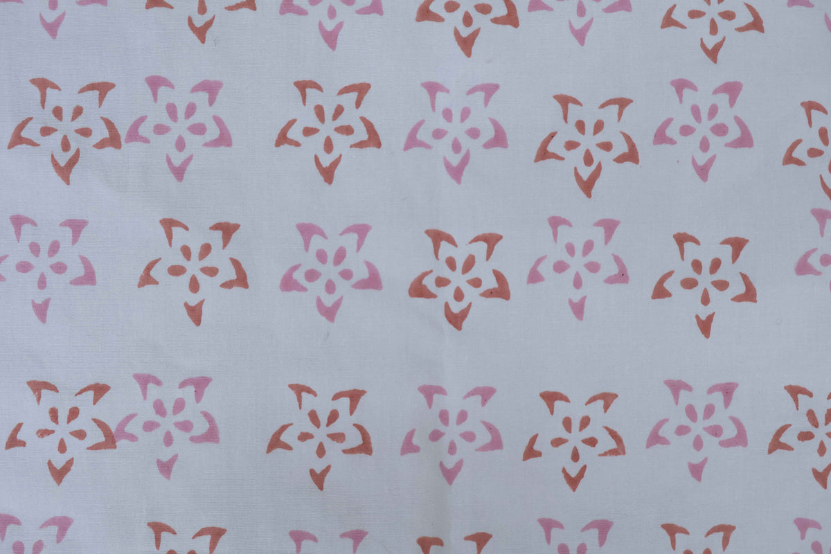 Red & Pink Floral Block Print Linen Fabric: Indian Mughal Design