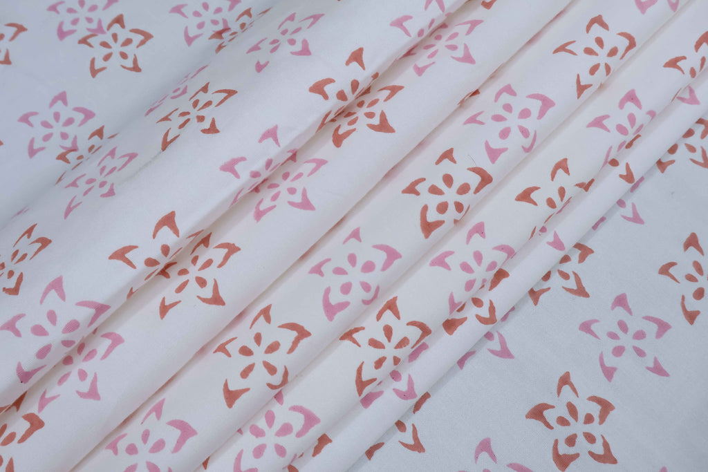 Red & Pink Floral Block Print Linen Fabric: Indian Mughal Design